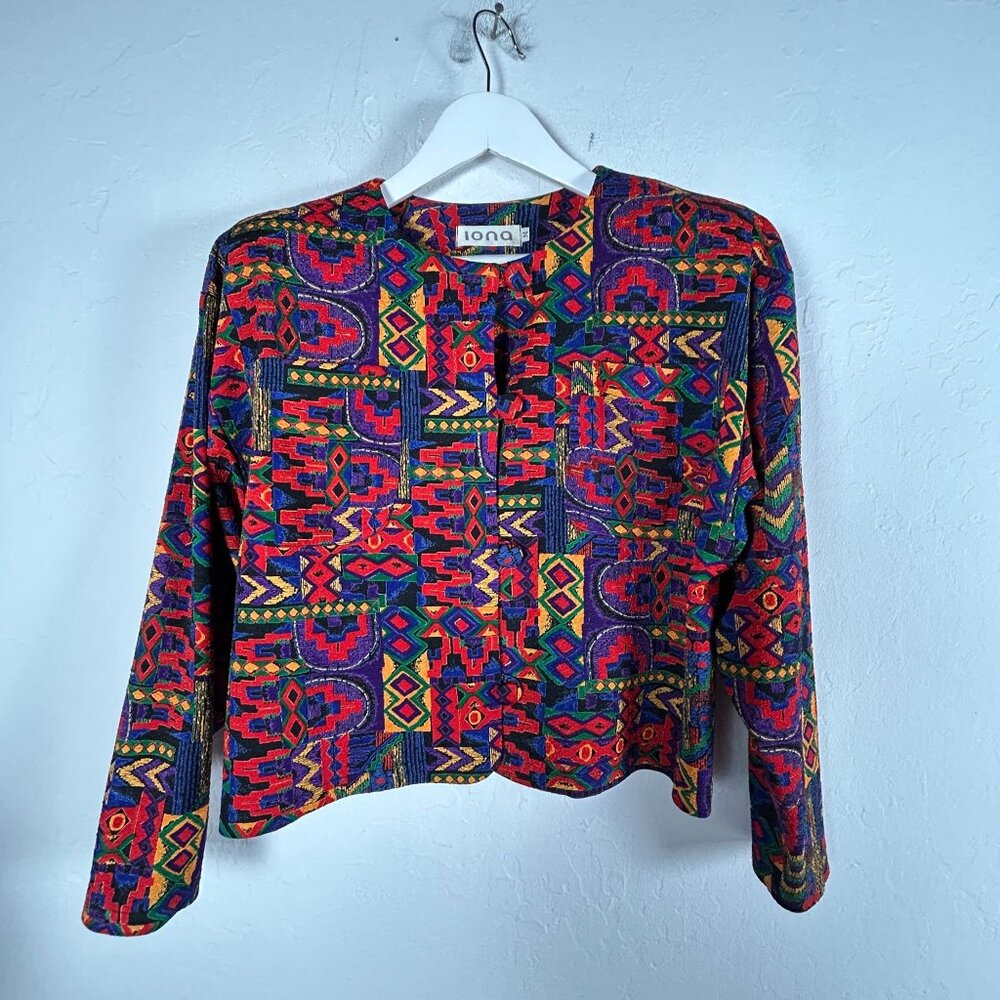 Vintage IONA Womens Multicolor Geometric Jacket Medium Buttons Long Sleeve Boho